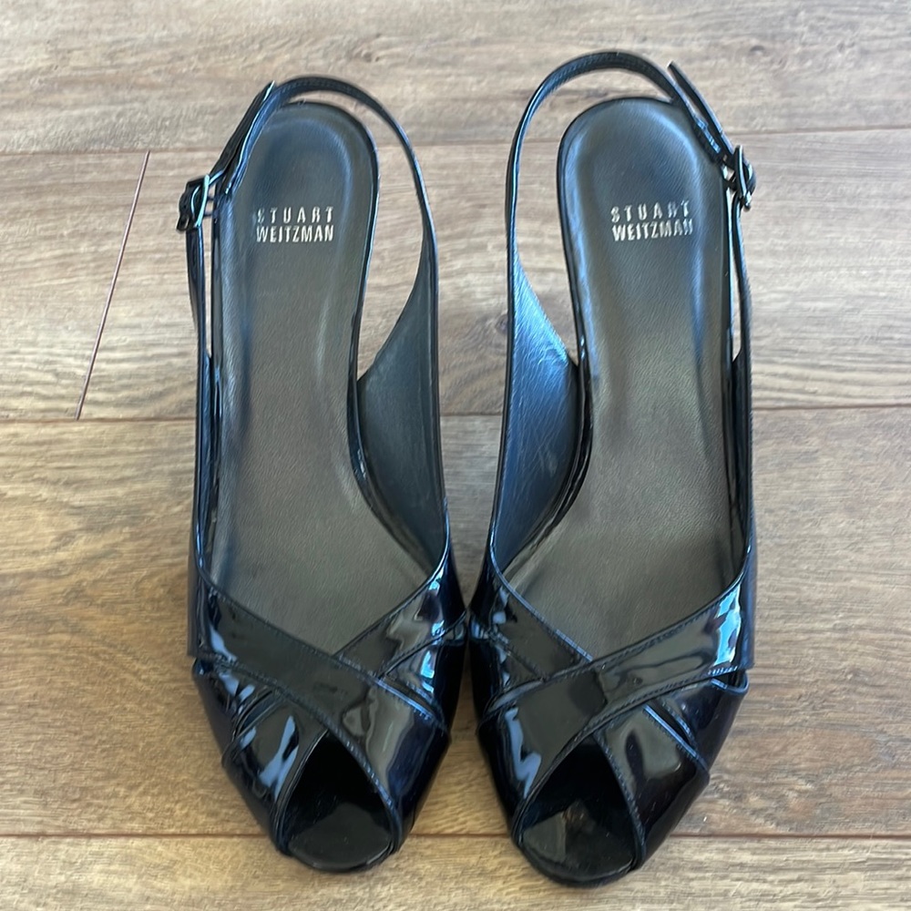 Stuart Weitzman Glossy Black Slingback Heels